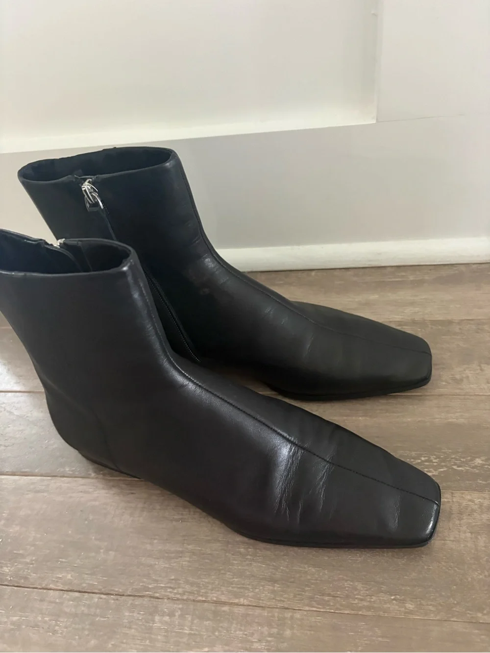 Mango Black Leather Square Toe Ankle Boots Side Zip EU 38 US 7.5/8